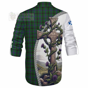 Davidson Tartan Ghillie Kilt Shirt with Family Crest and St. Andrew's Cross Accented by Thistle Vines