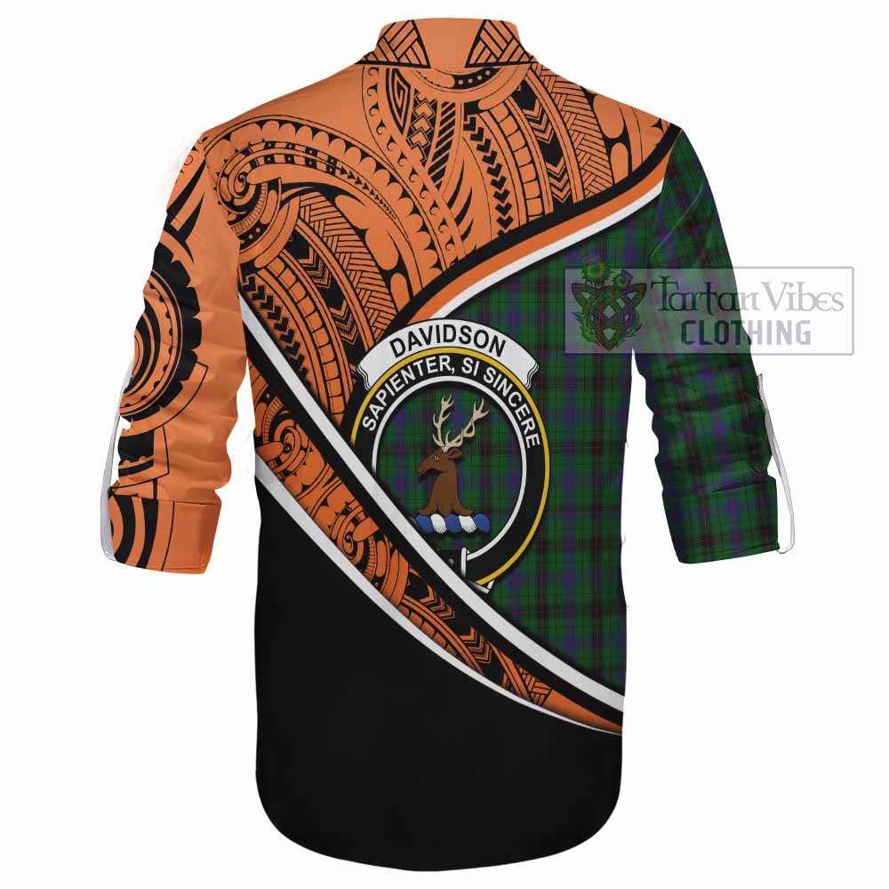 Tartan Vibes Clothing Davidson Crest Tartan Ghillie Kilt Shirt with Maori Tattoo Style - Orange Version