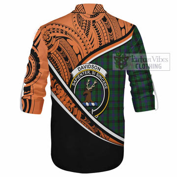 Davidson Crest Tartan Ghillie Kilt Shirt with Polynesian Vibes Style - Orange Version