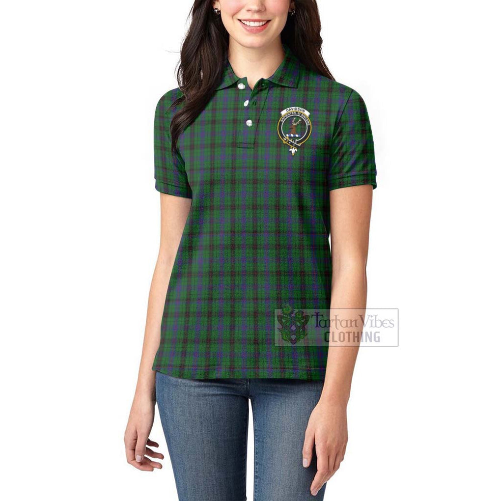 Tartan Vibes Clothing Davidson Tartan Women's Polo Shirt with Family Crest and Bearded Skull Holding Bottles of Whiskey