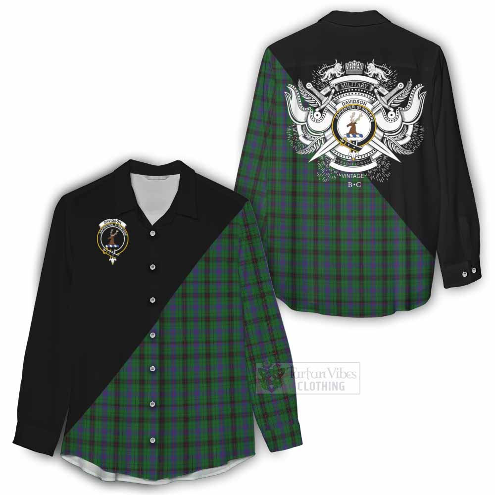 Tartan Vibes Clothing Davidson Tartan Women's Casual Shirt with Family Crest and Military Logo Style