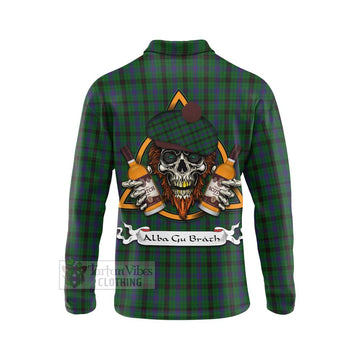 Davidson Tartan Long Sleeve Polo Shirt with Family Crest and Bearded Skull Holding Bottles of Whiskey - Tartan Vibes Clothing
