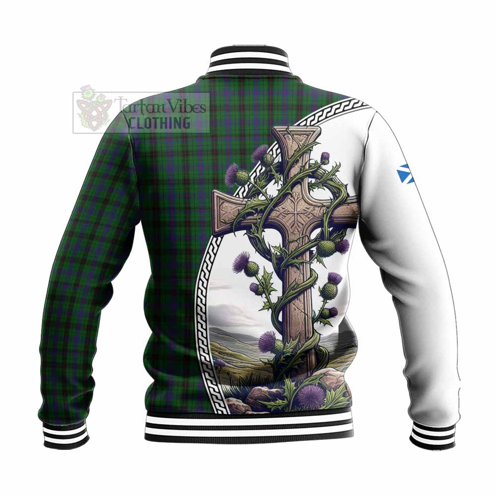 Tartan Vibes Clothing Davidson Tartan Baseball Jacket with Family Crest and St. Andrew's Cross Accented by Thistle Vines