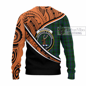 Davidson Crest Tartan Knitted Sweater with Polynesian Vibes Style - Orange Version