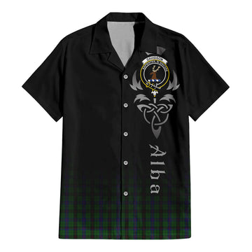 Davidson Tartan Short Sleeve Button Up Shirt Featuring Alba Gu Brath Family Crest Celtic Inspired