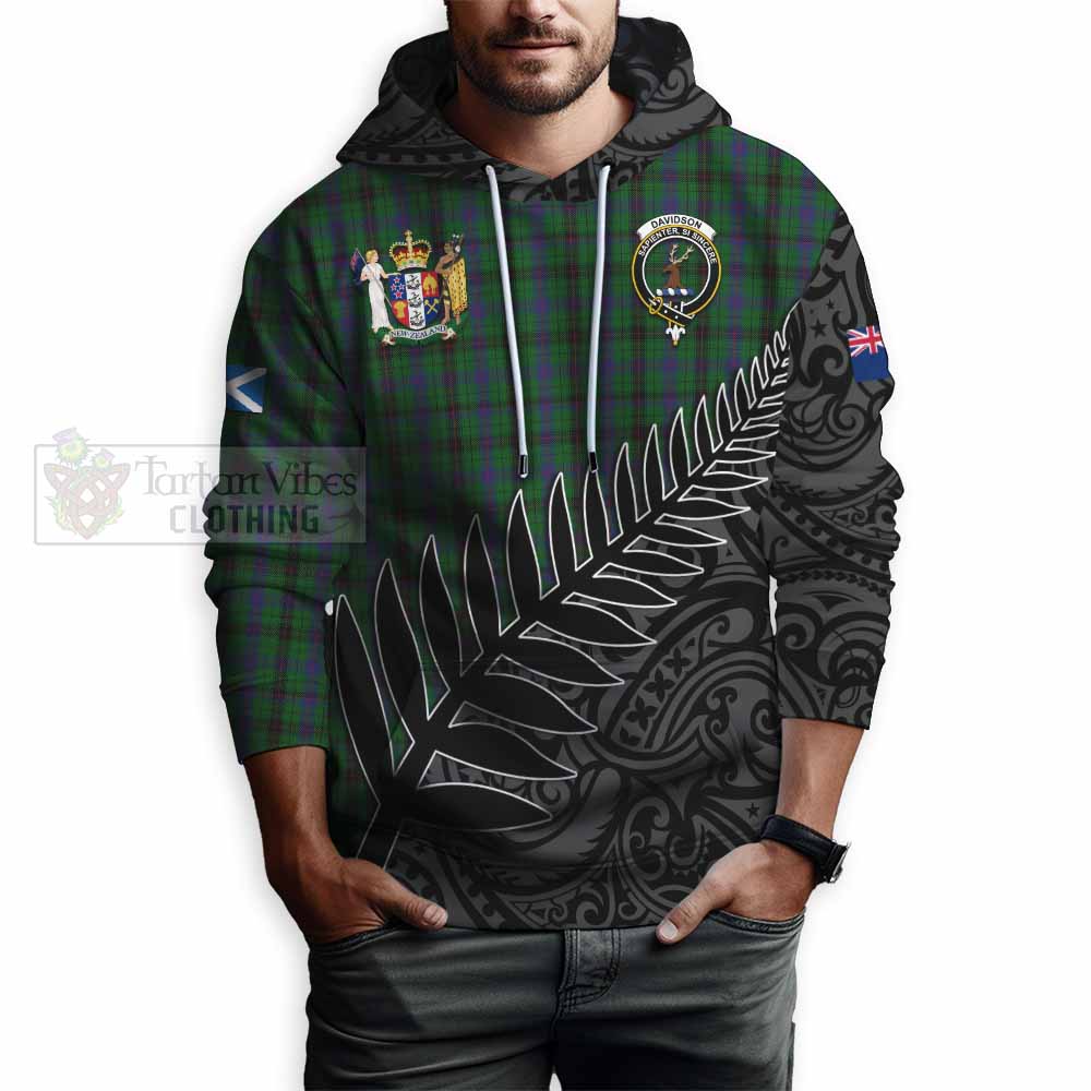 Tartan Vibes Clothing Davidson Crest Tartan Hoodie with New Zealand Silver Fern Half Style