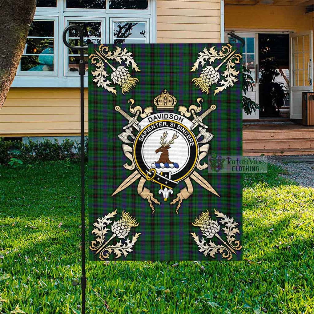 Tartan Vibes Clothing Davidson Tartan Flag with Family Crest and Golden Thistle Crossed Sword Design