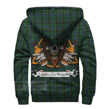 Davidson Tartan Sherpa Hoodie with Family Crest and Bearded Skull Holding Bottles of Whiskey