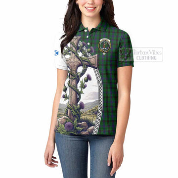 Davidson Tartan Women's Polo Shirt with Family Crest and St. Andrew's Cross Accented by Thistle Vines