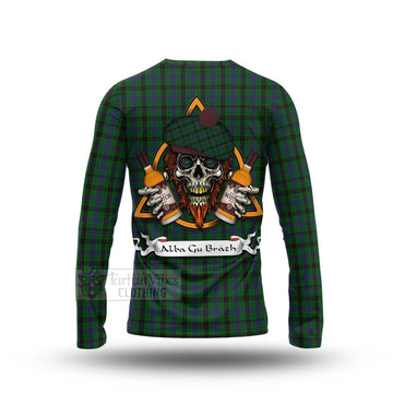 Davidson Tartan Long Sleeve T-Shirt with Family Crest and Bearded Skull Holding Bottles of Whiskey