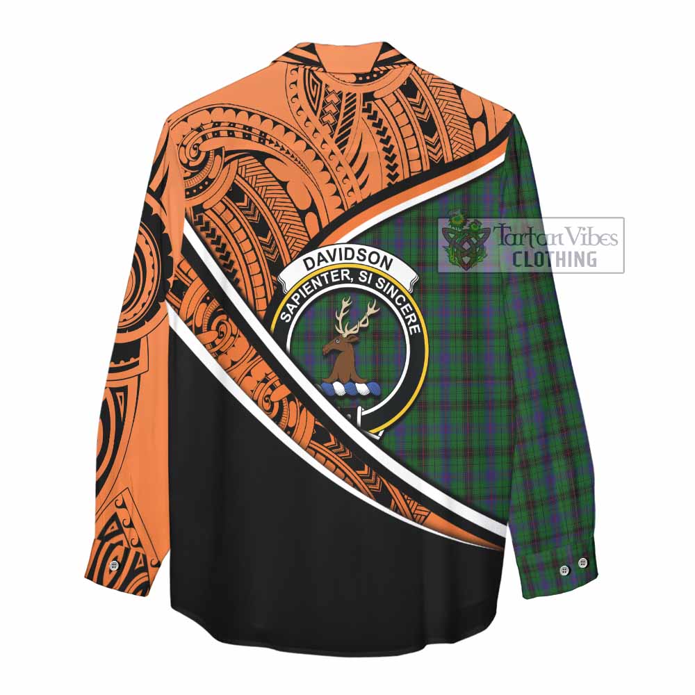 Tartan Vibes Clothing Davidson Crest Tartan Women's Casual Shirt with Maori Tattoo Style - Orange Version