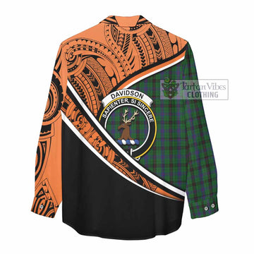 Davidson Crest Tartan Women's Casual Shirt with Polynesian Vibes Style - Orange Version