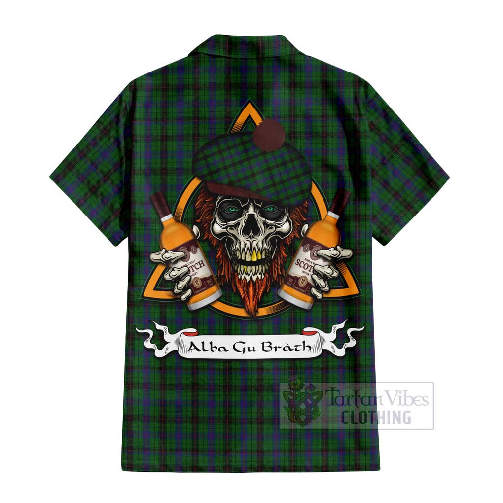 Tartan Vibes Clothing Davidson Tartan Short Sleeve Button Shirt with Family Crest and Bearded Skull Holding Bottles of Whiskey