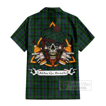 Davidson Tartan Short Sleeve Button Shirt with Family Crest and Bearded Skull Holding Bottles of Whiskey