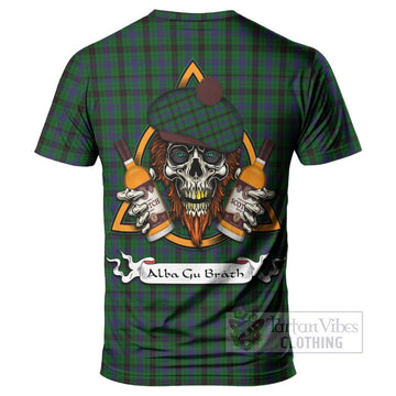 Davidson Tartan T-Shirt with Family Crest and Bearded Skull Holding Bottles of Whiskey - Tartan Vibes Clothing