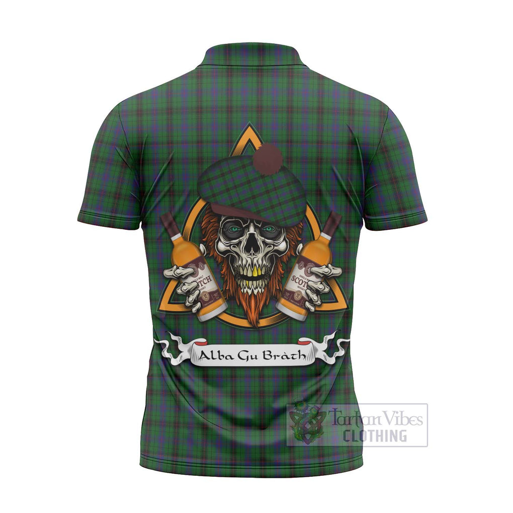 Tartan Vibes Clothing Davidson Tartan Zipper Polo Shirt with Family Crest and Bearded Skull Holding Bottles of Whiskey