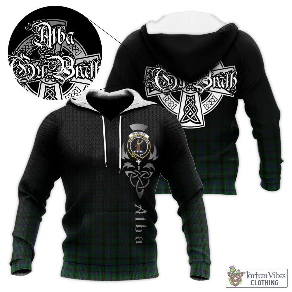 Tartan Vibes Clothing Davidson Tartan Knitted Hoodie Featuring Alba Gu Brath Family Crest Celtic Inspired