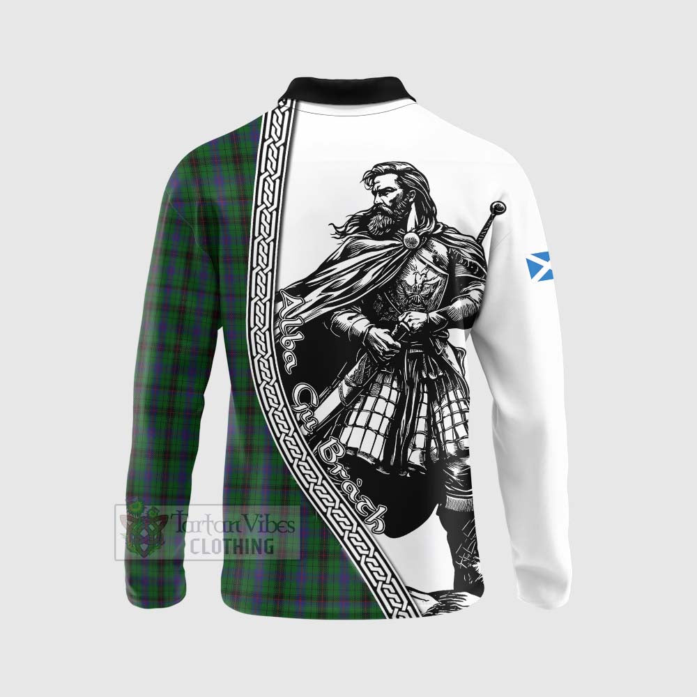 Davidson Tartan Clan Crest Long Sleeve Polo Shirt with Highlander Warrior Celtic Style - Tartan Vibes Clothing