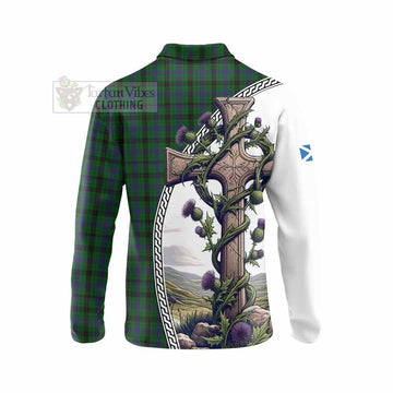 Davidson Tartan Long Sleeve Polo Shirt with Family Crest and St. Andrew's Cross Accented by Thistle Vines - Tartan Vibes Clothing