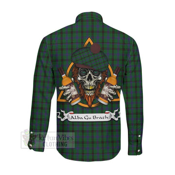 Davidson Tartan Long Sleeve Button Shirt with Family Crest and Bearded Skull Holding Bottles of Whiskey Men's Shirt - Tartan Vibes Clothing