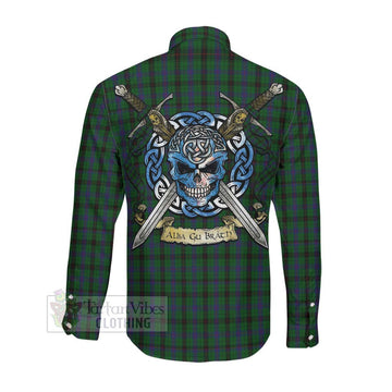 Davidson Tartan Long Sleeve Button Shirt with Family Crest Celtic Skull Style Men's Shirt - Tartan Vibes Clothing