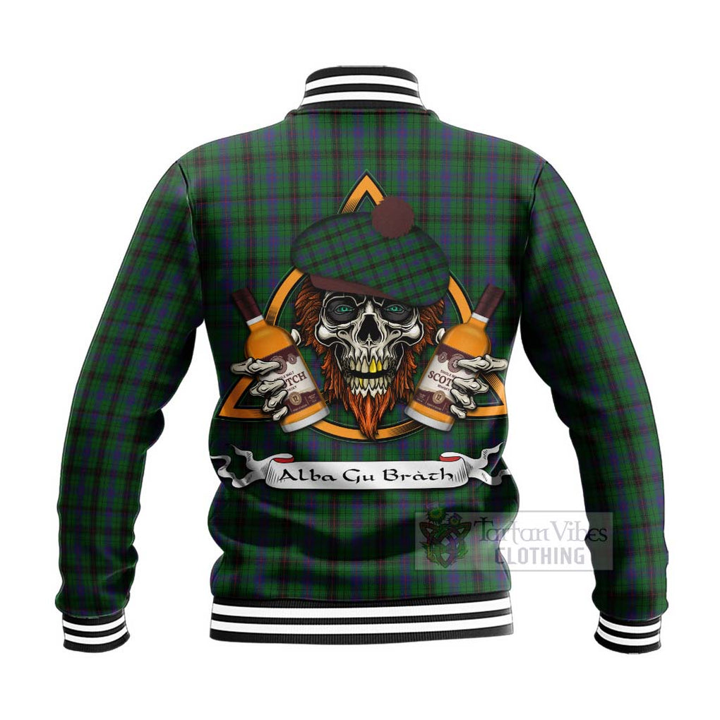 Tartan Vibes Clothing Davidson Tartan Baseball Jacket with Family Crest and Bearded Skull Holding Bottles of Whiskey