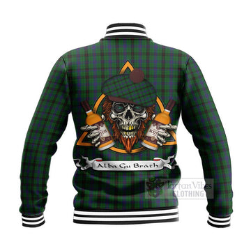 Davidson Tartan Baseball Jacket with Family Crest and Bearded Skull Holding Bottles of Whiskey