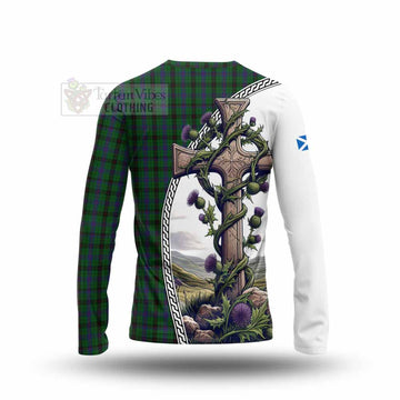 Davidson Tartan Long Sleeve T-Shirt with Family Crest and St. Andrew's Cross Accented by Thistle Vines