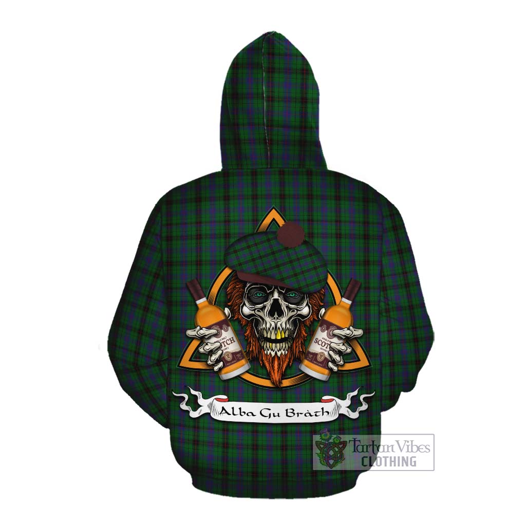 Tartan Vibes Clothing Davidson Tartan Cotton Hoodie with Family Crest and Bearded Skull Holding Bottles of Whiskey