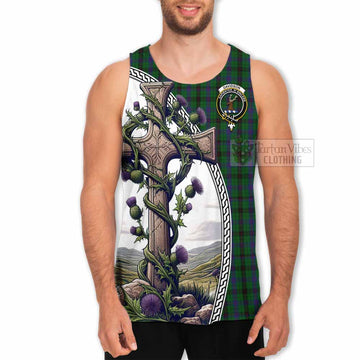 Davidson Tartan Men's Tank Top with Family Crest and St. Andrew's Cross Accented by Thistle Vines - Tartan Vibes Clothing