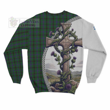 Davidson Tartan Sweatshirt with Family Crest and St. Andrew's Cross Accented by Thistle Vines - Tartan Vibes Clothing