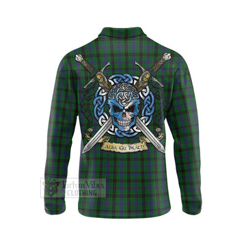 Davidson Tartan Long Sleeve Polo Shirt with Family Crest Celtic Skull Style - Tartan Vibes Clothing