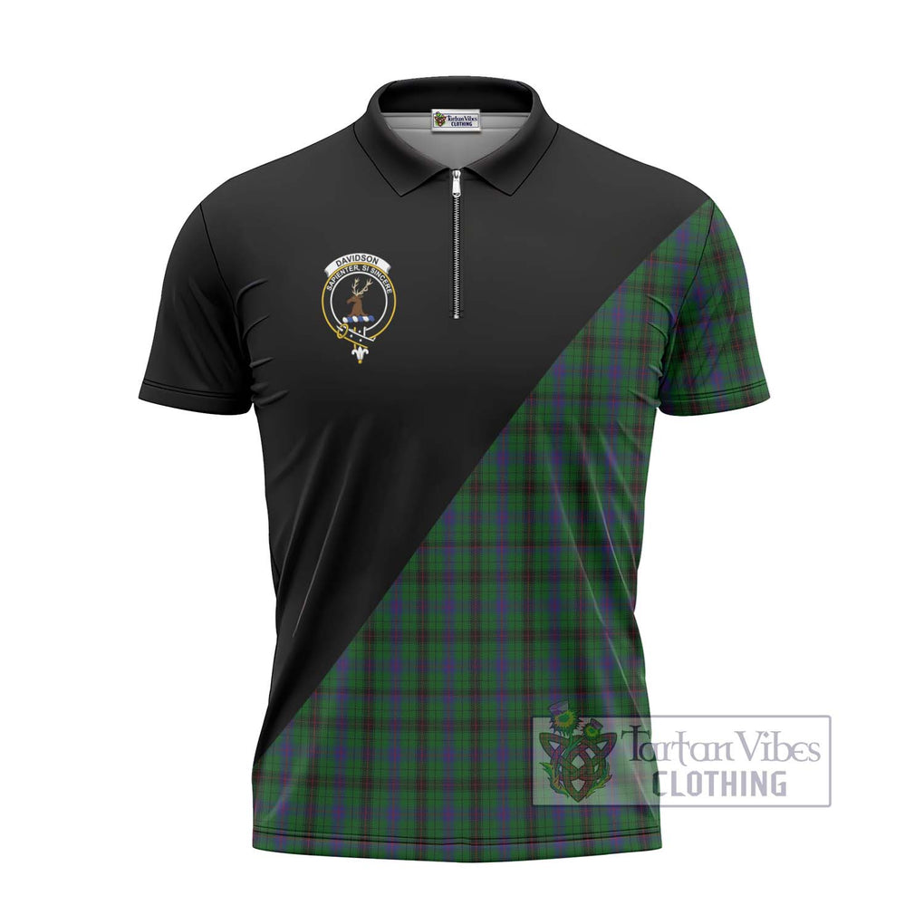 Davidson Tartan Zipper Polo Shirt with Family Crest and Military Logo Style - Tartanvibesclothing Shop