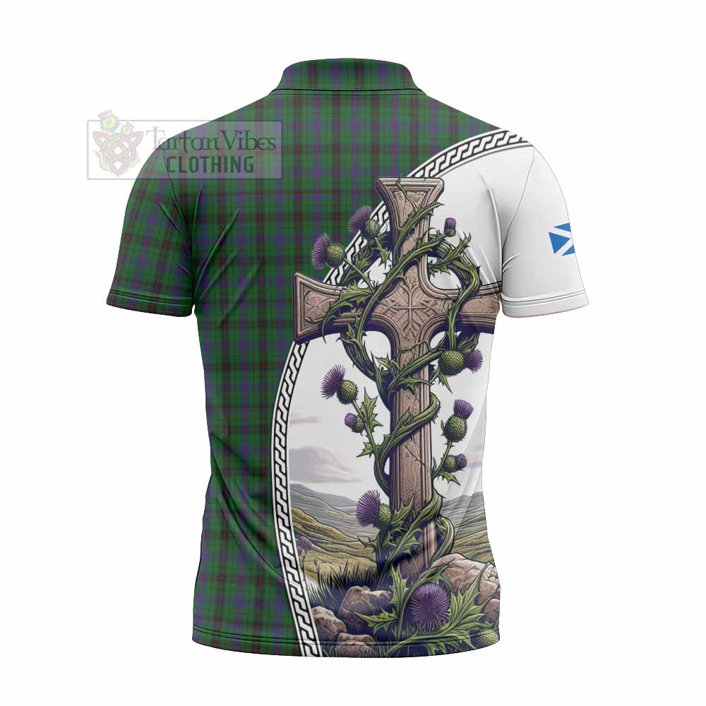 Tartan Vibes Clothing Davidson Tartan Zipper Polo Shirt with Family Crest and St. Andrew's Cross Accented by Thistle Vines