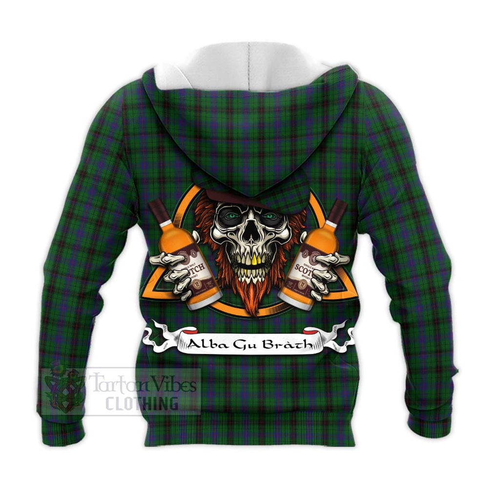 Tartan Vibes Clothing Davidson Tartan Knitted Hoodie with Family Crest and Bearded Skull Holding Bottles of Whiskey