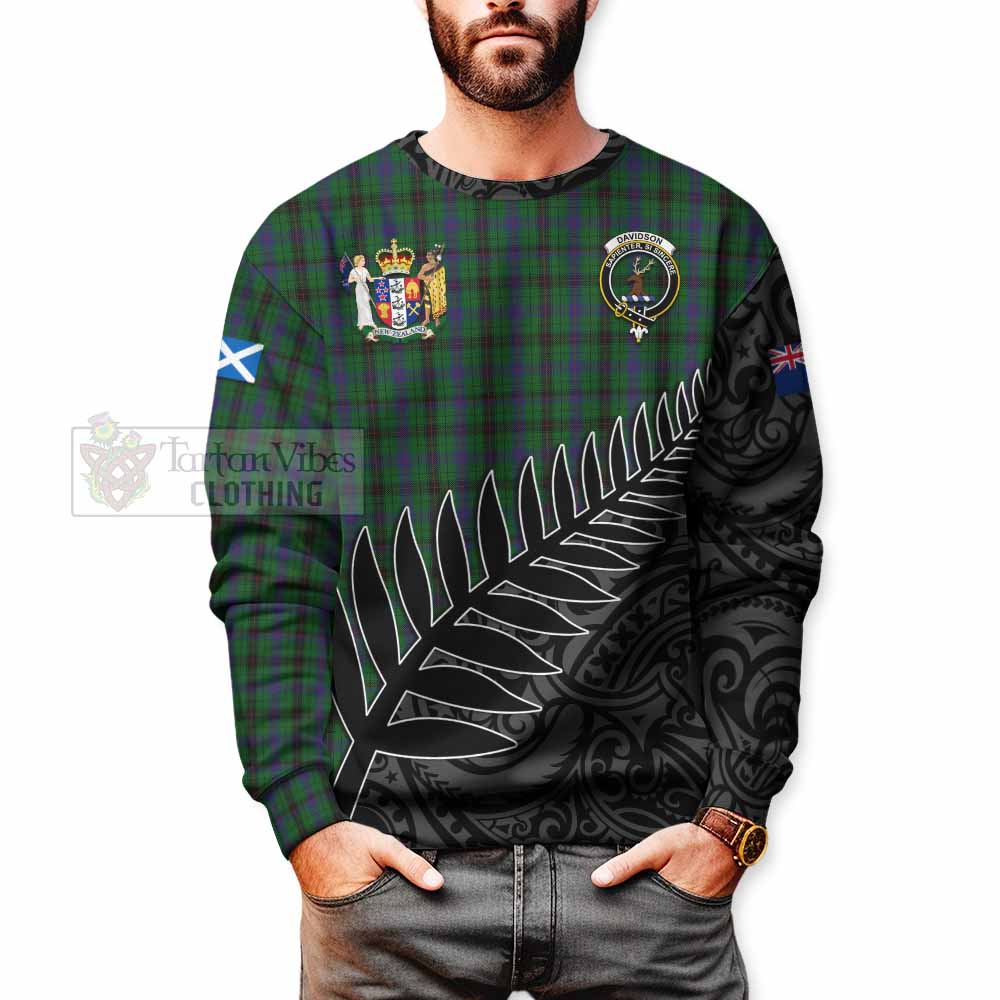 Tartan Vibes Clothing Davidson Crest Tartan Sweatshirt with New Zealand Silver Fern Half Style