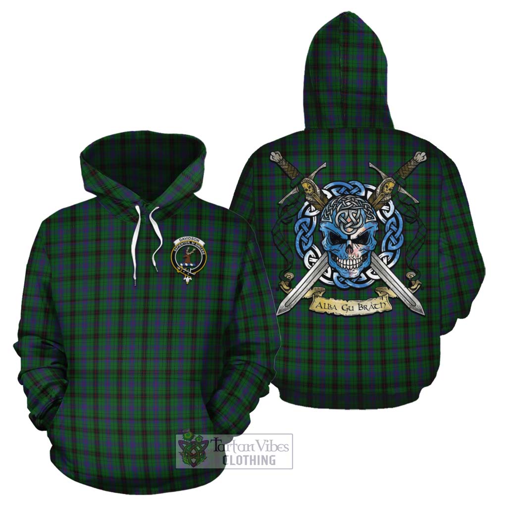 Tartan Vibes Clothing Davidson Tartan Cotton Hoodie with Family Crest Celtic Skull Style