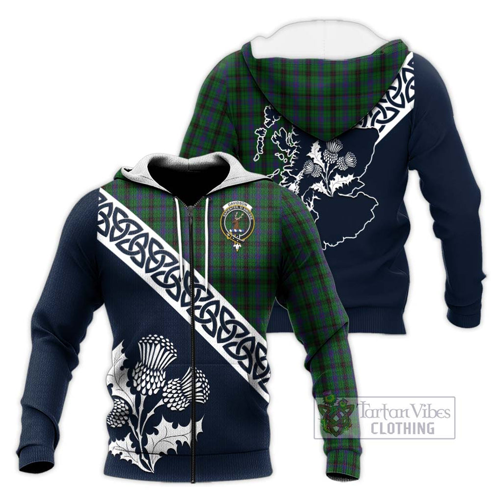 Tartan Vibes Clothing Davidson Tartan Knitted Hoodie Featuring Thistle and Scotland Map