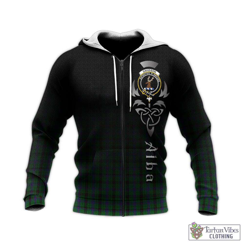 Tartan Vibes Clothing Davidson Tartan Knitted Hoodie Featuring Alba Gu Brath Family Crest Celtic Inspired