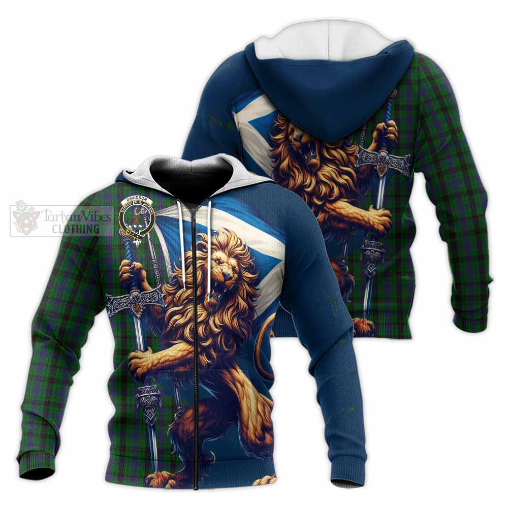 Tartan Vibes Clothing Davidson Tartan Family Crest Knitted Hoodie with Scottish Majestic Lion