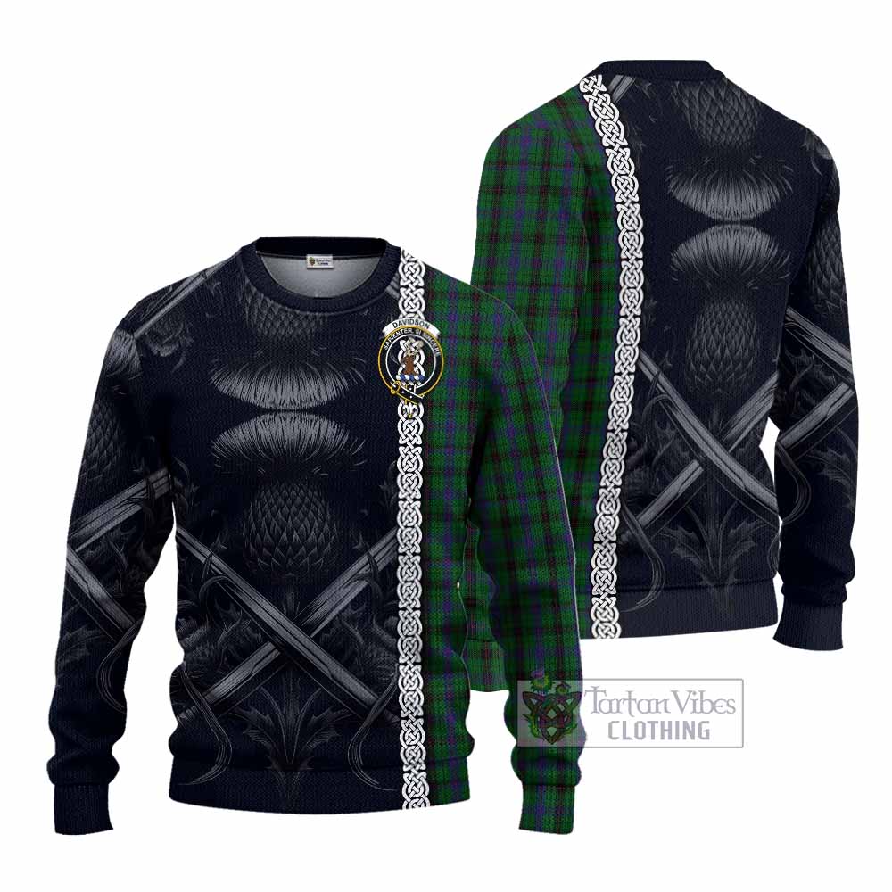 Davidson Tartan Knitted Sweater with Family Crest Cross Sword Thistle Celtic Vibes - Tartan Vibes Clothing