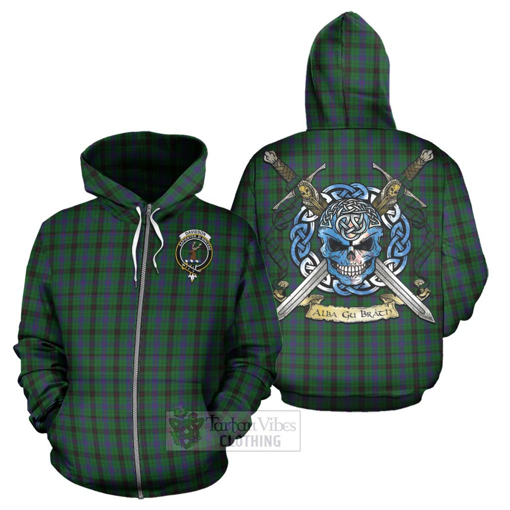 Tartan Vibes Clothing Davidson Tartan Hoodie with Family Crest Celtic Skull Style