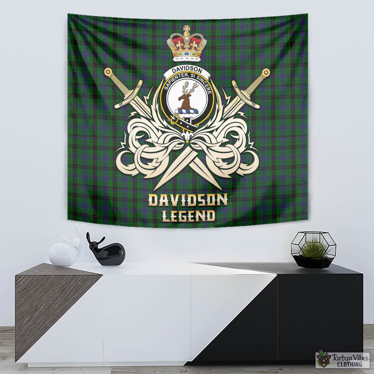 Tartan Vibes Clothing Davidson Tartan Tapestry with Clan Crest and the Golden Sword of Courageous Legacy