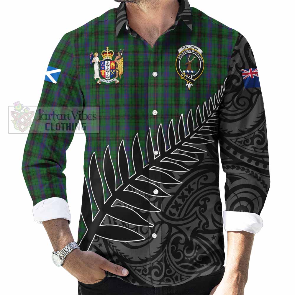 Tartan Vibes Clothing Davidson Crest Tartan Long Sleeve Button Shirt with New Zealand Silver Fern Half Style