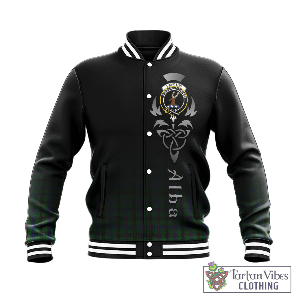 Tartan Vibes Clothing Davidson Tartan Baseball Jacket Featuring Alba Gu Brath Family Crest Celtic Inspired