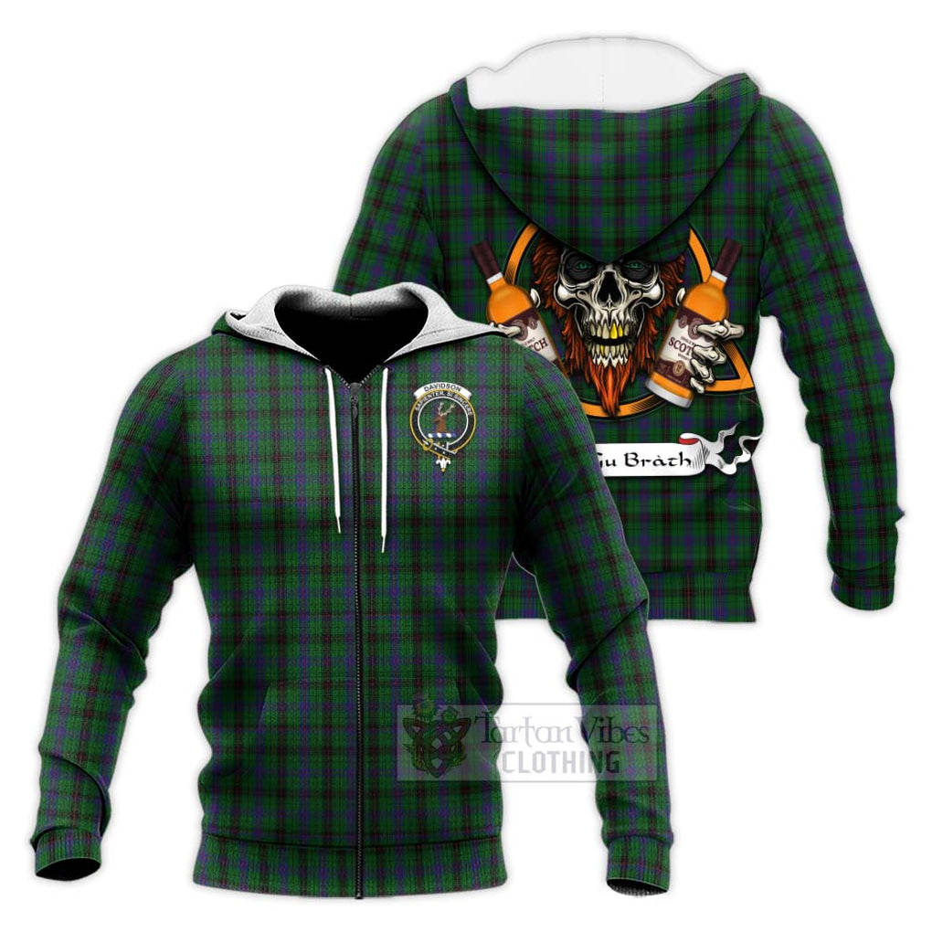 Tartan Vibes Clothing Davidson Tartan Knitted Hoodie with Family Crest and Bearded Skull Holding Bottles of Whiskey