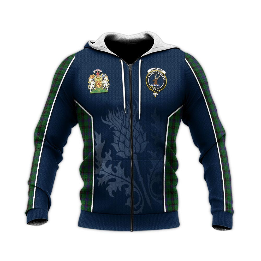 Tartan Vibes Clothing Davidson Tartan Knitted Hoodie with Family Crest and Scottish Thistle Vibes Sport Style