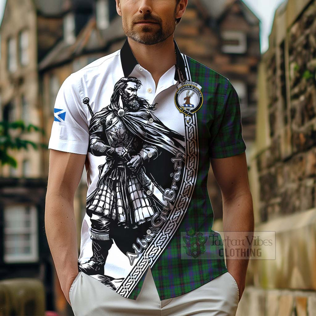 Tartan Vibes Clothing Davidson Tartan Clan Crest Short Sleeve Button Shirt with Highlander Warrior Celtic Style