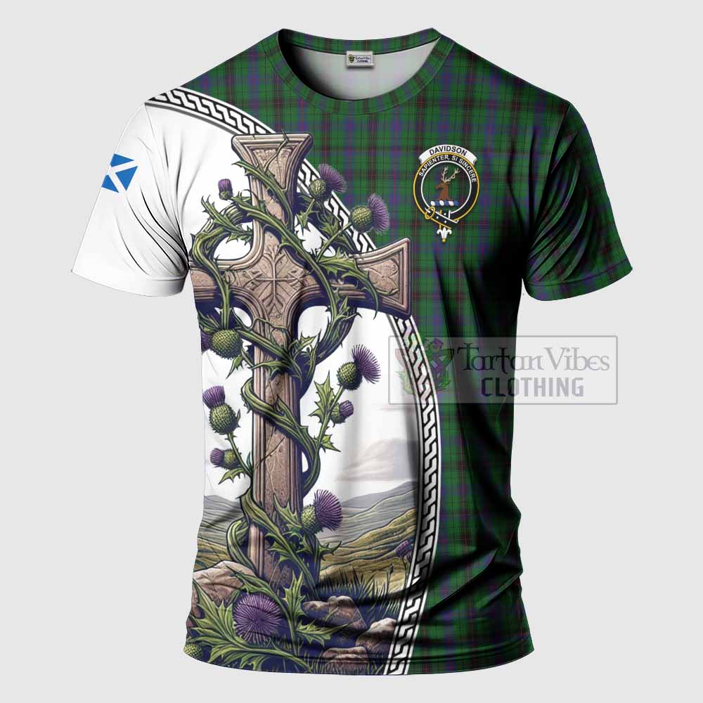 Tartan Vibes Clothing Davidson Agnew Tartan T-Shirt with Family Crest and St. Andrew's Cross Accented by Thistle Vines