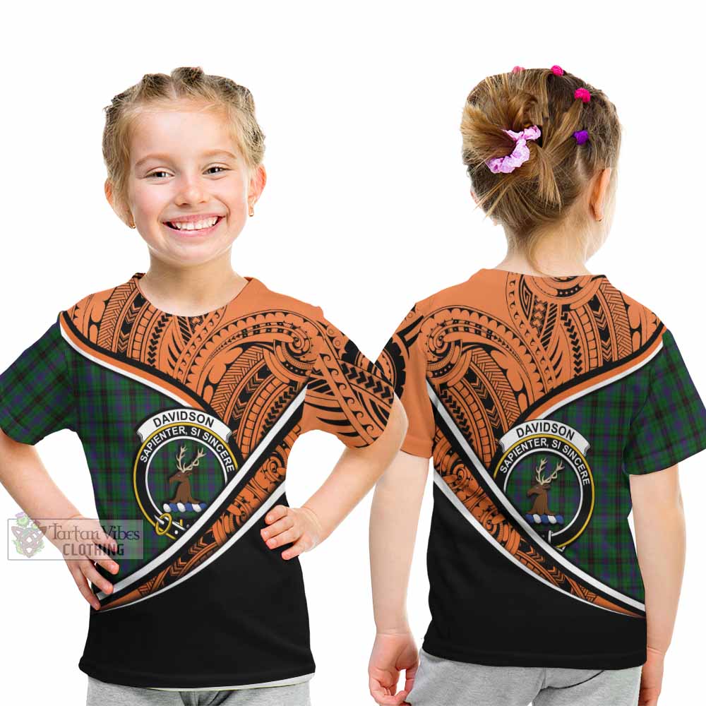 Tartan Vibes Clothing Davidson Crest Tartan Kid T-Shirt with Maori Tattoo Style - Orange Version